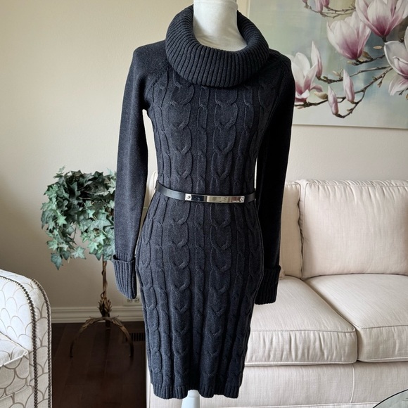 Calvin Klein Charcoal Grey Cowl Neck Belted Cable Knit Sweater Dress - Picture 1 of 16